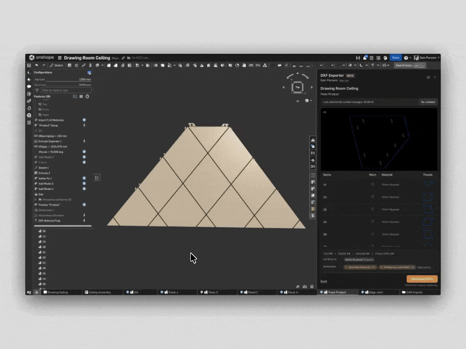 DXF Material Prep feature in Onshape setting grain direction and front-to-back orientation.