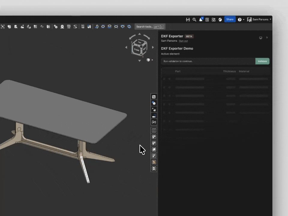 Validation checks run on an Onshape model before DXF export.